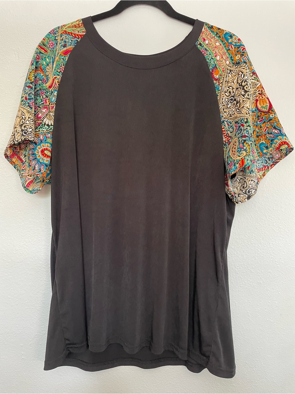 SHEIN Curve Black Ribbed Paisley Flutter Sleeve Boho Top Stretchy Relaxed Fit 2x